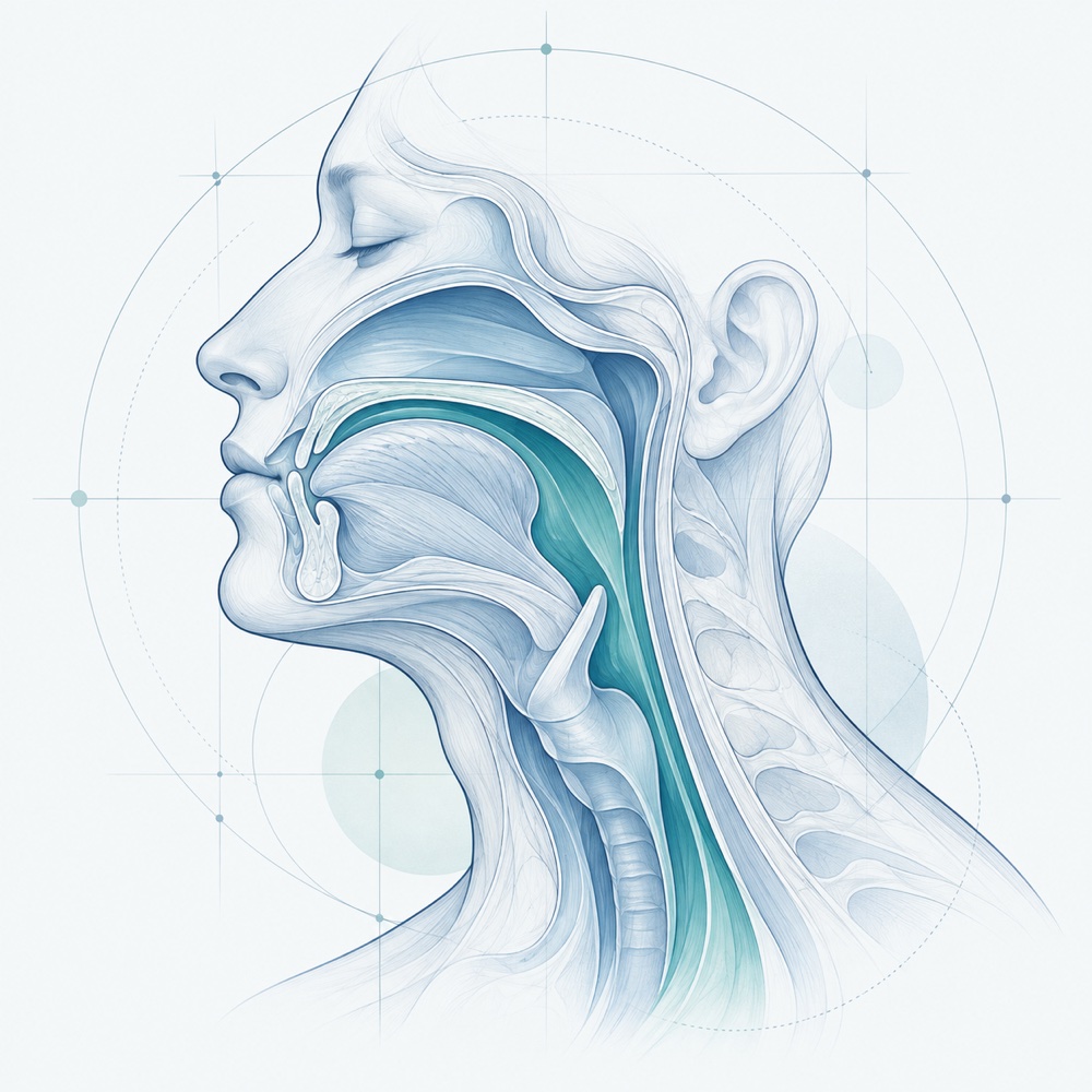 Conceptual anatomical line illustration of the head and neck inspired by the swallowing pathway
